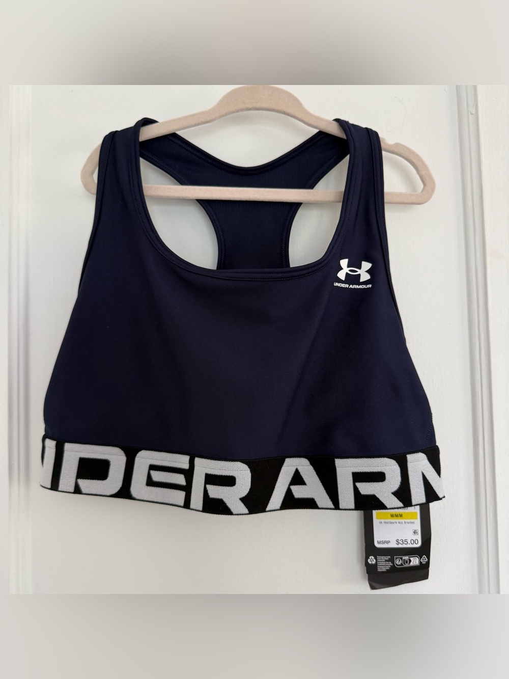 Under Armour Sports Bra Navy Racerback Compression Branded Band NWT Sz M